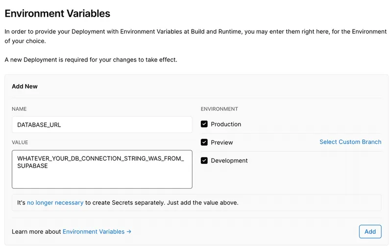 Adding environment variable for `DATABASE_URL` in Vercel dashboard