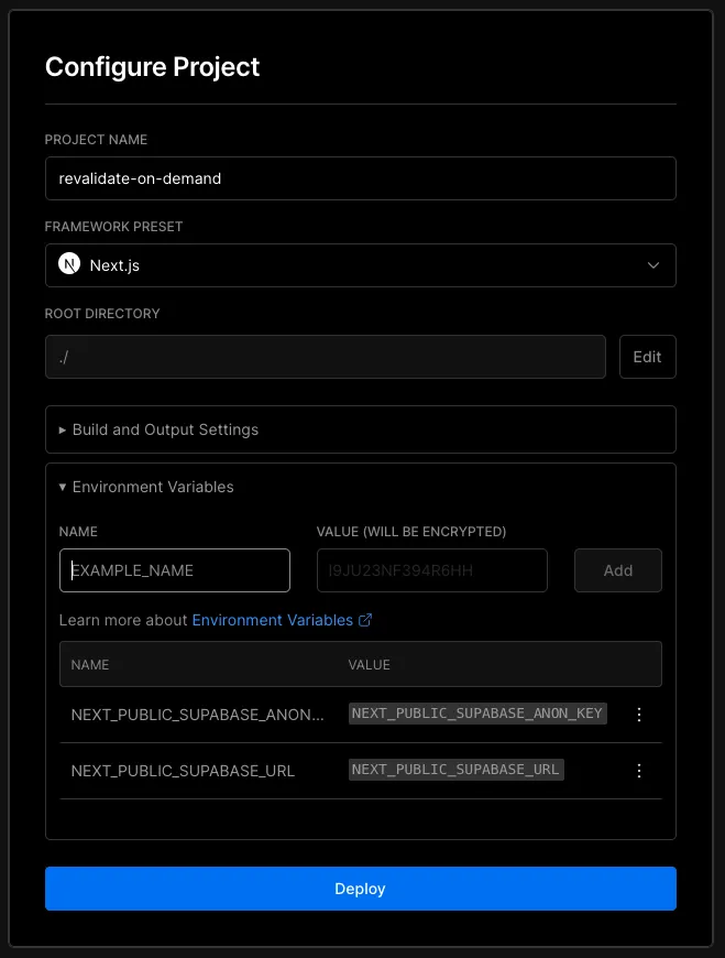 Configuring Environment Variables in Vercel Dashboard