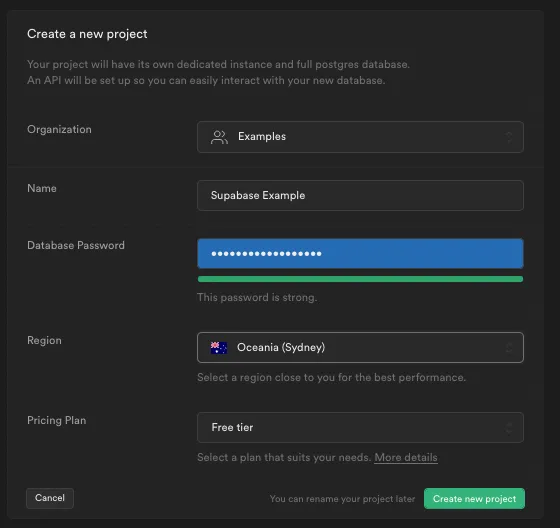 Creating new project in Supabase Dashboard